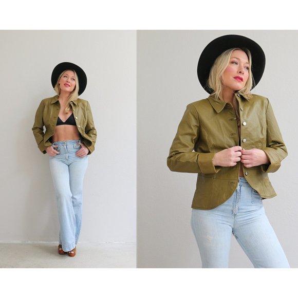 2000's Y2K Peplum Leather Jacket // Women's Size Small to Medium // Pea Green - Picture 1 of 10